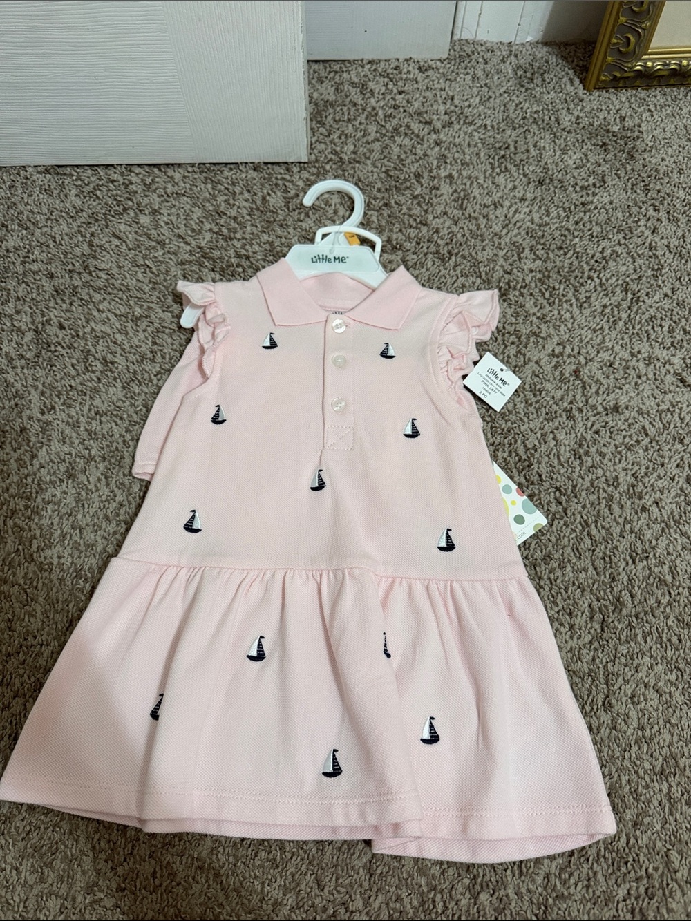 NWT Little Me Pink and Blue Sailboat Dress and Diaper Cover Set 12 Months